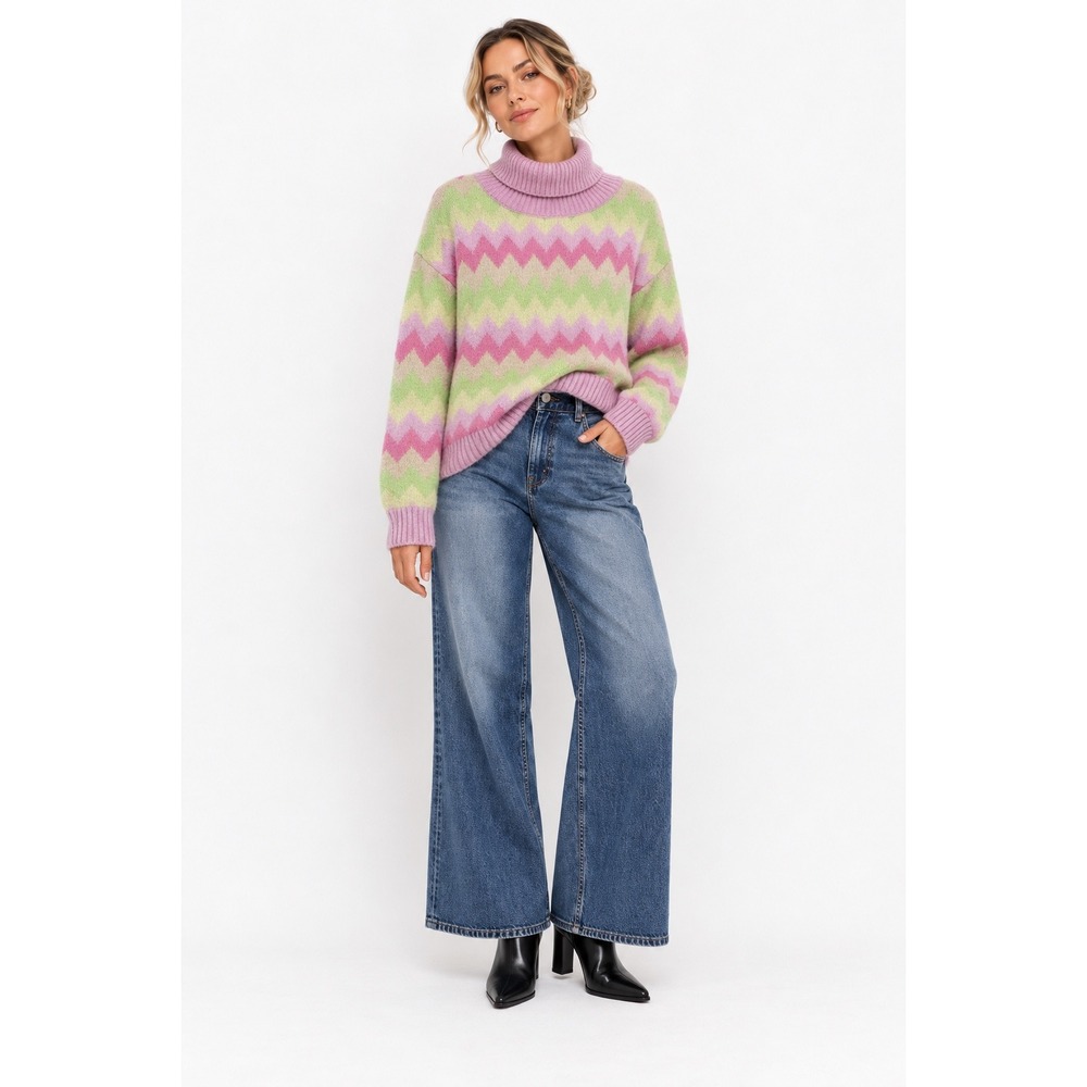THML Turtleneck Sweater L Pink Green Chevron Zigzag Knit Pullover